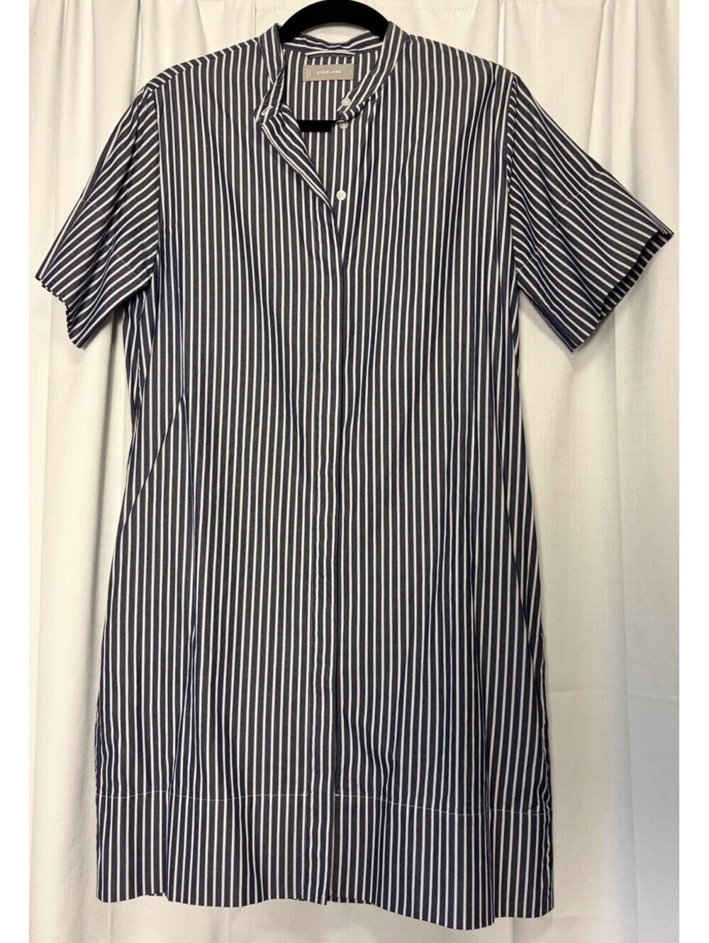 Everlane Short Sleeve Collarless Cotton Navy Striped Button Down Dress Size 4